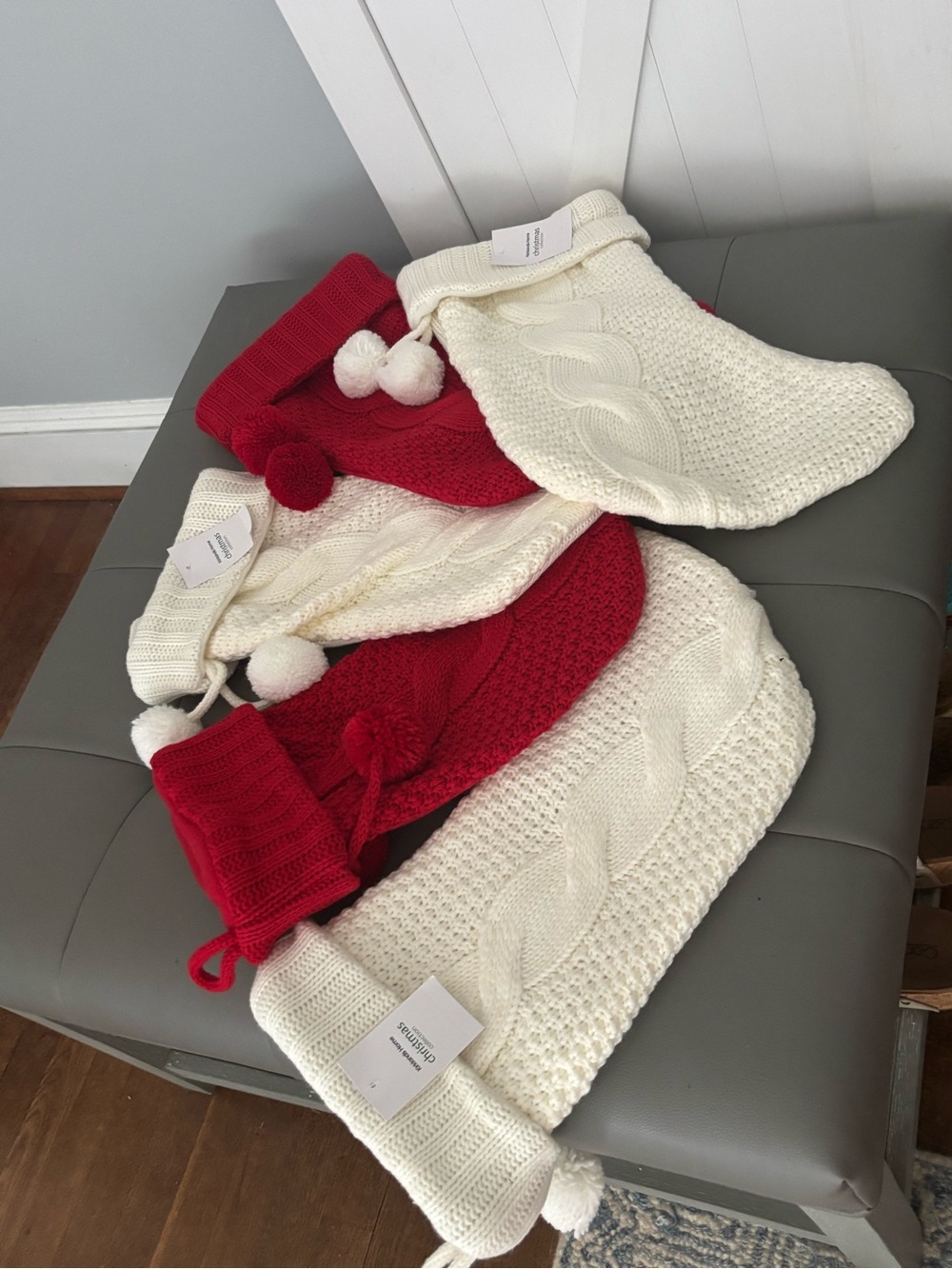Kirklands collection  set of 5  Pom-Pom Knit Christmas stocking - Red & Cream